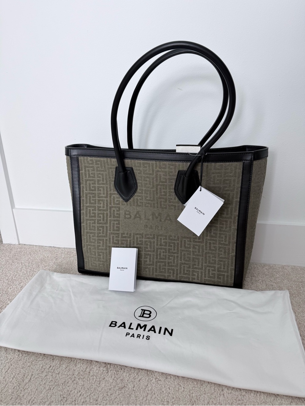 Balmain Olive Monogram Tote with Black Leather Trim